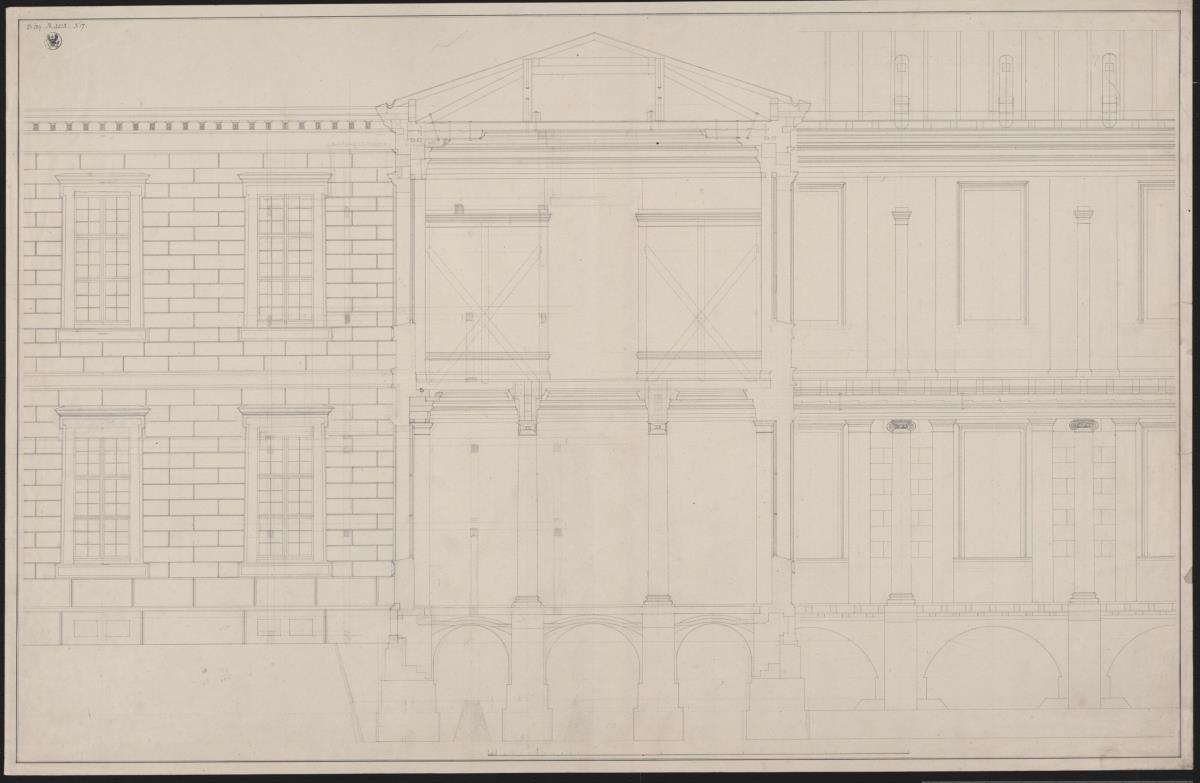 Berlin. Akademiegebäude Unter den Linden. Teilaufriss der Fassade, Teillängsschnittdetail und Querschnitt