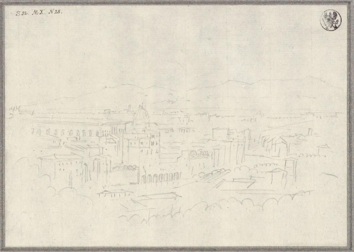 Blick vom Gianicolo über den Tiber hinweg auf den Palazzo Farnese und die Kuppel von Sant’Andrea della Valle in Rom