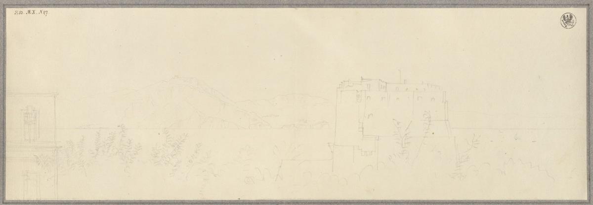 Blick von Schinkels Wohnung in Neapel auf die Küste von Sorrent und das Castel dell'Ovo