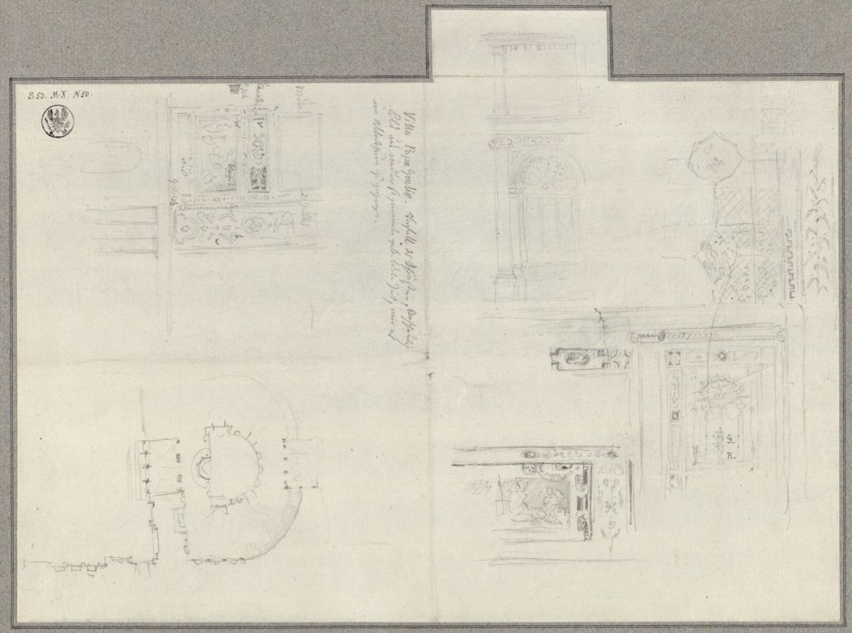 Grundriss und verschiedene Details der Villa Giulia in Rom