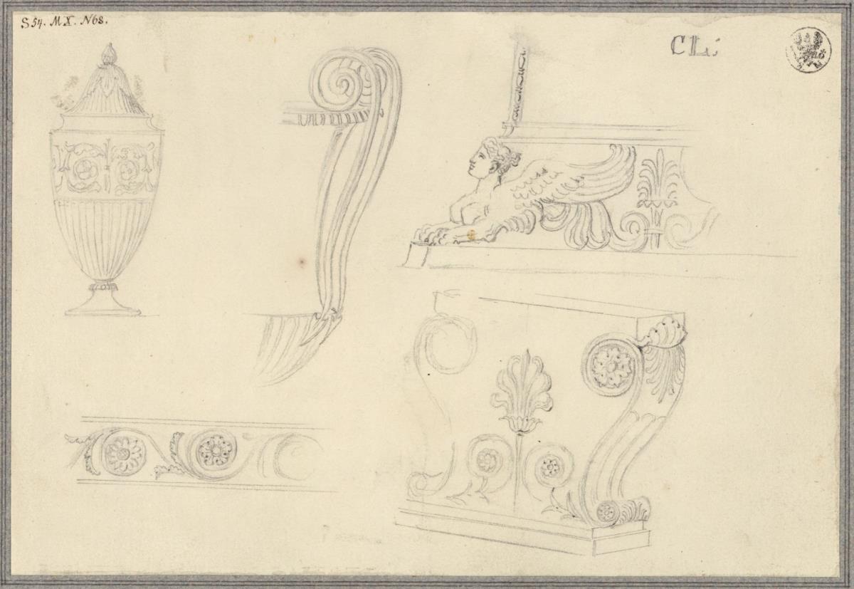 Eine Vase und Skizzen zu verschiedenen Objekten aus dem Museo Pio Clementino in Rom