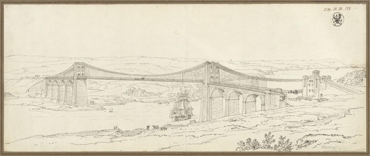 Blick auf die Hängebrücke über die Menai Strait bei Bangor in Wales