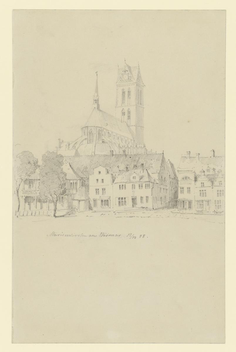 Wismar, Marienkirche von Osten mit Häuserzeile