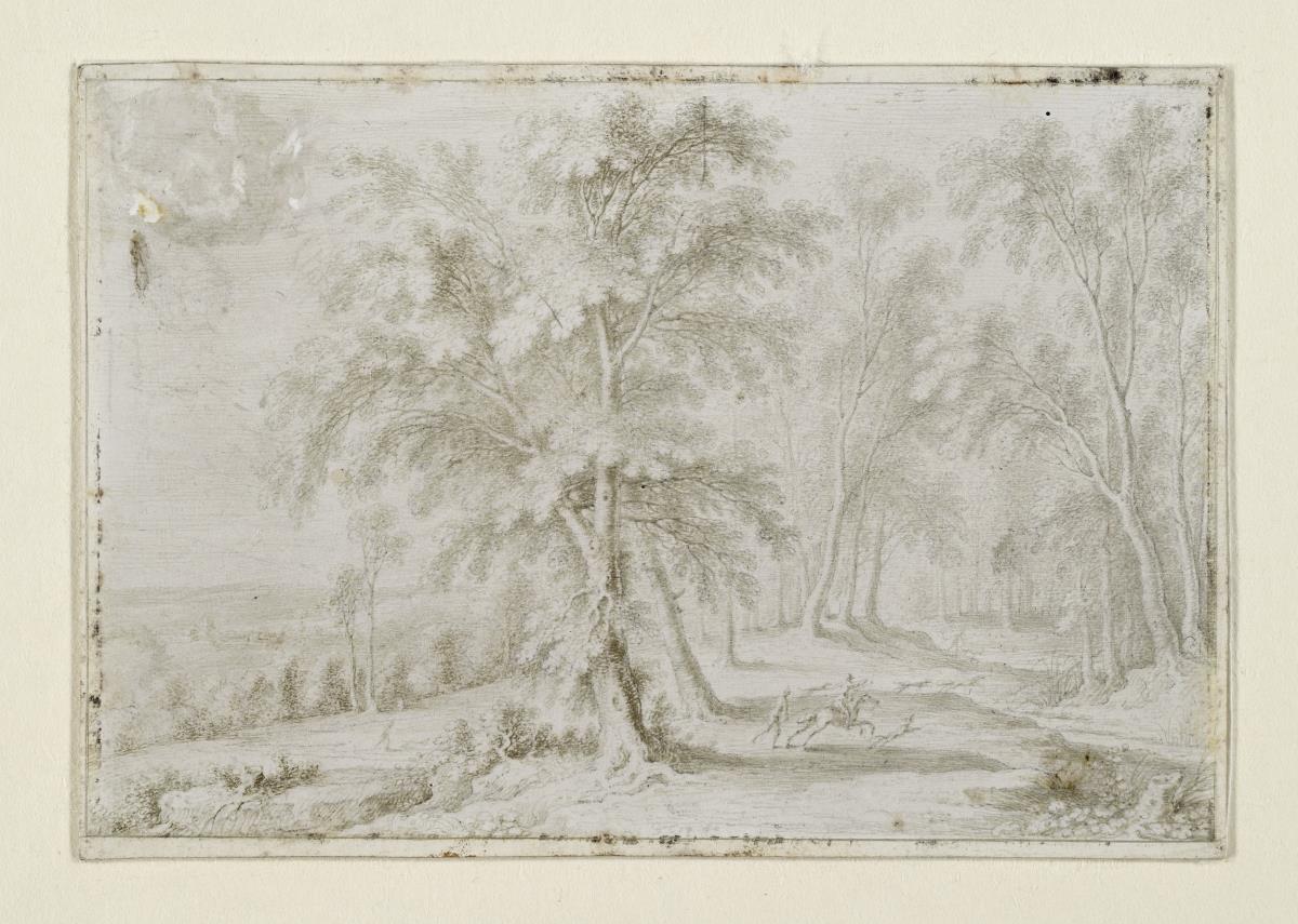 Landschaft mit Bäumen und Jagdszene