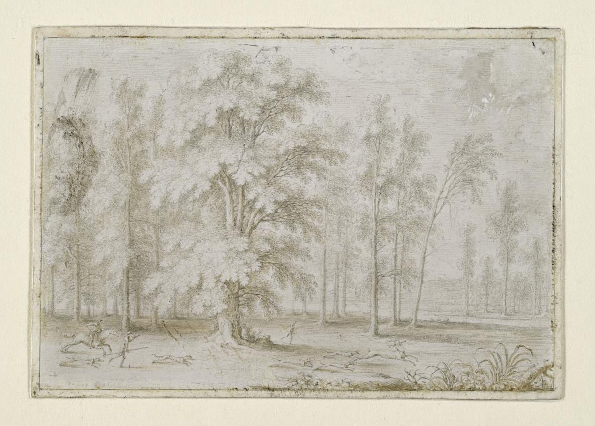 Landschaft mit Bäumen und Hirschjagd nach rechts