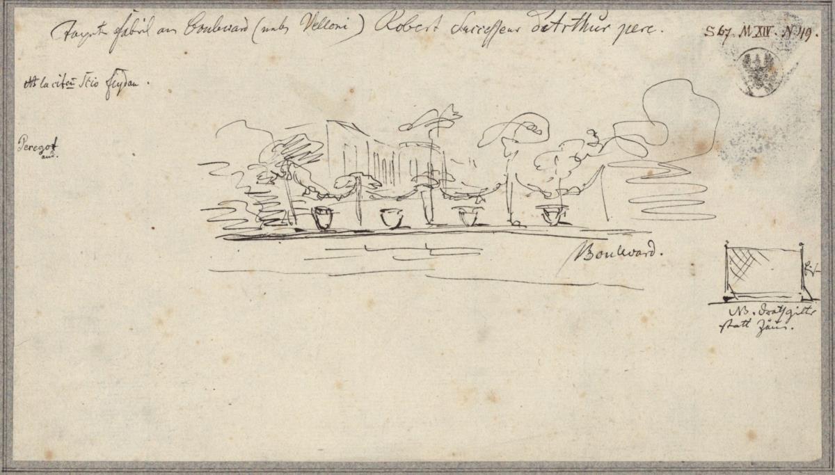 Blick über eine niedrige Mauer mit Kübelpflanzen auf eine Villla, gelegen an einem Boulevard & Zaun aus Drahtgeflecht
