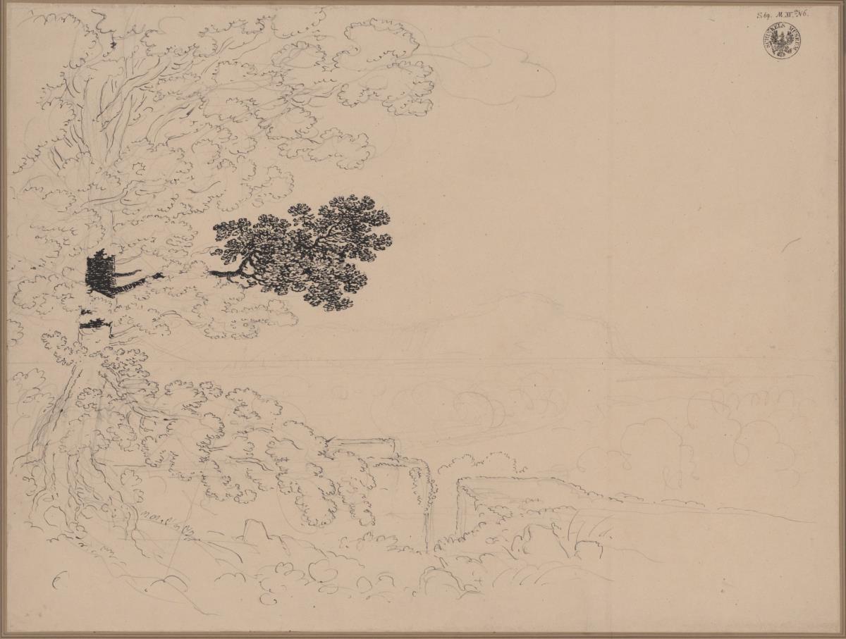 Meeresfläche mit Gebirge im Hintergrund, im Vordergrund ein Baum