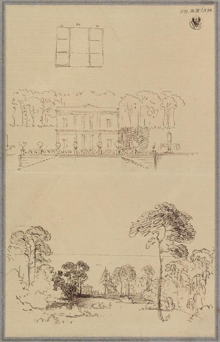 Entwurf zu einem Pavillon an einem See. Ansicht und Grundriss & Ausblick auf einen See