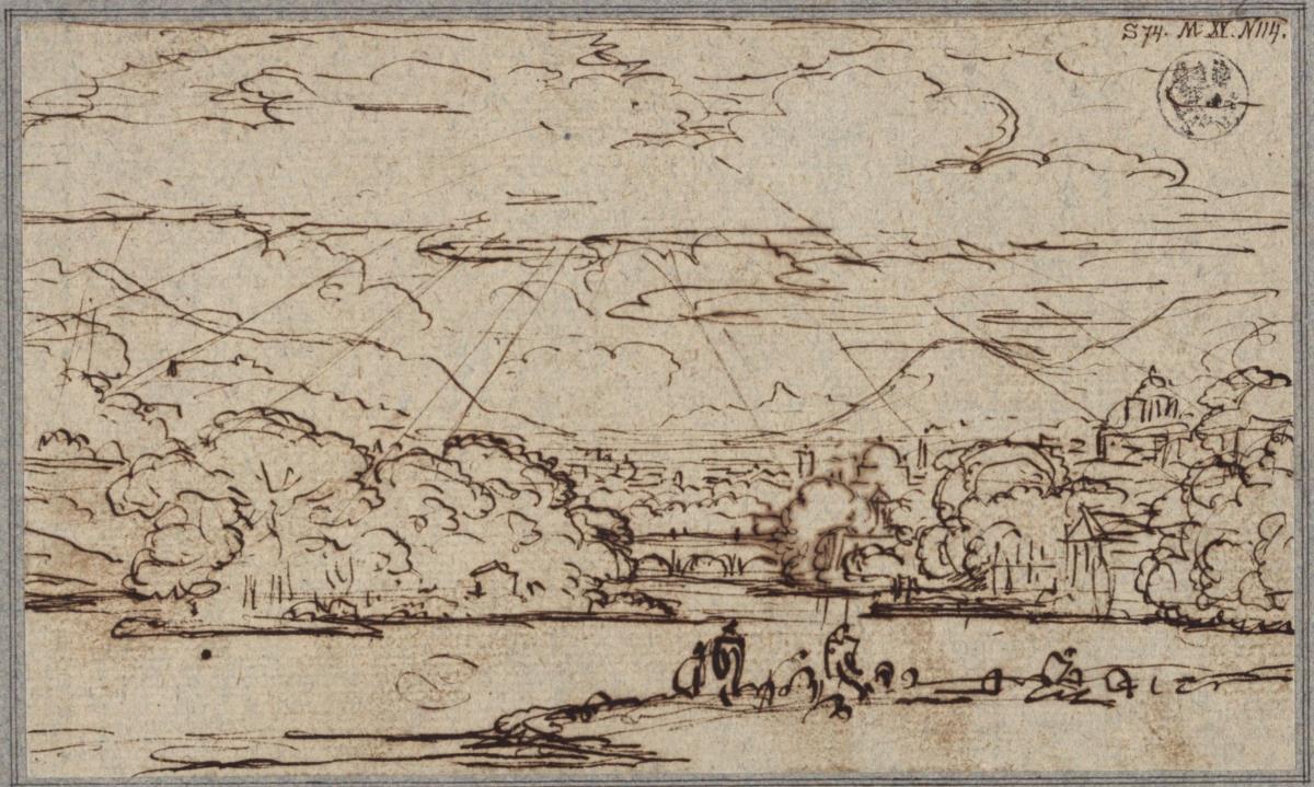 Berglandschaft mit einer Stadt und einem Fluss