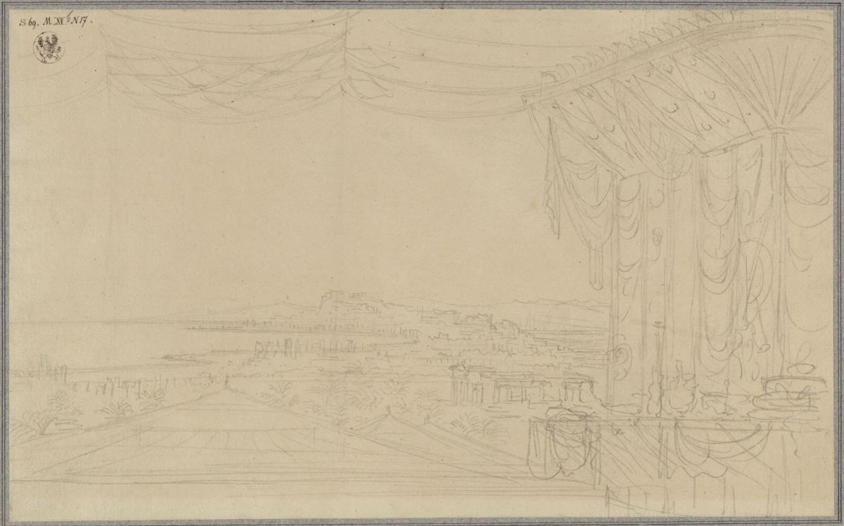 Aucassin und Nicolette. Oper von Georg Abraham Schneider. Entwurf zu einer Dekoration. Aussicht aus einem Zelt über eine Stadt am Meer