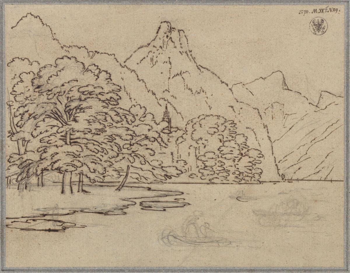 Gebirgslandschaft mit See, wohl der Traunsee mit dem Kleinen Sonnstein
