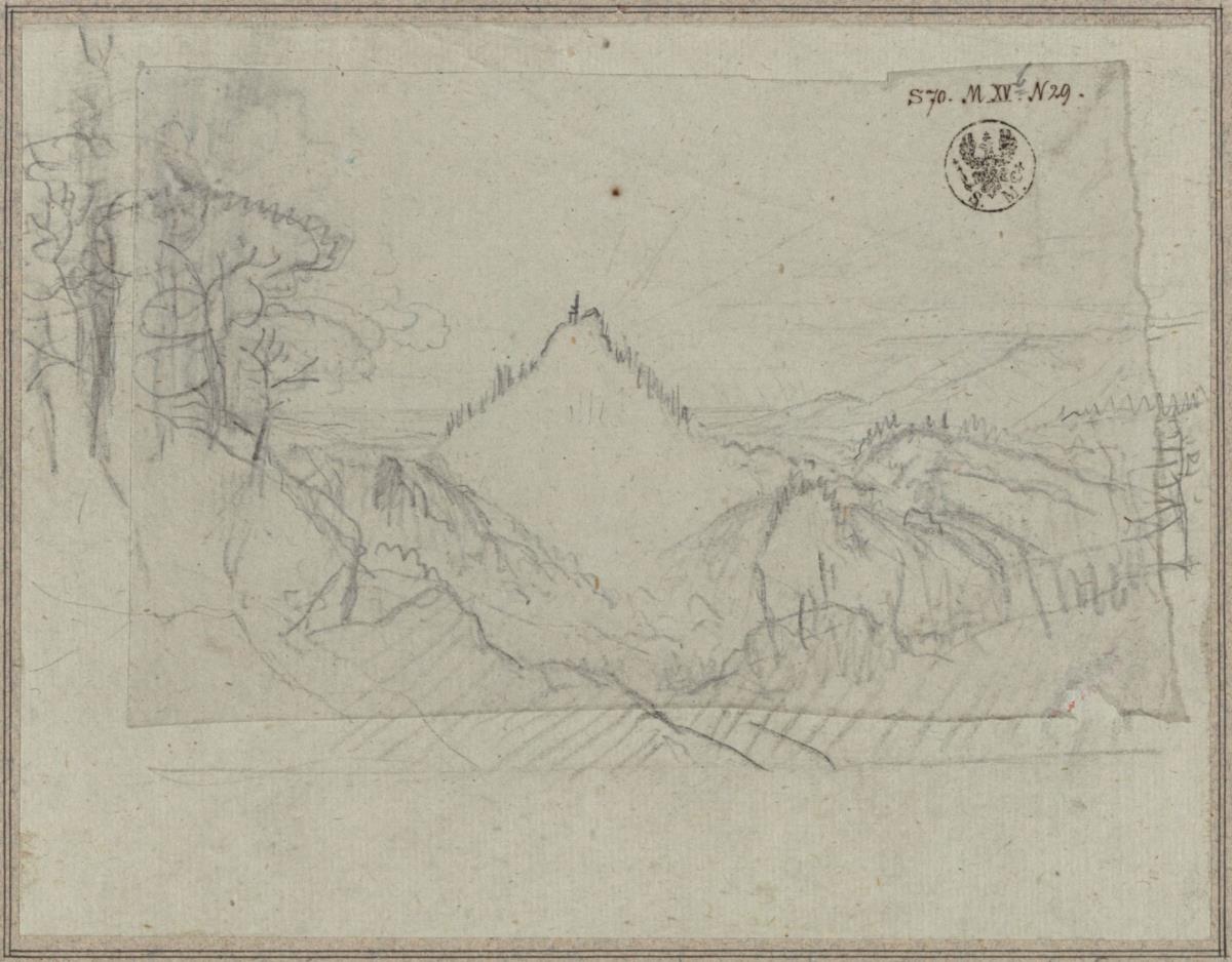 Landschaft mit Berg und Wasserfall / Studie zu dem Gemälde "Der Abend"