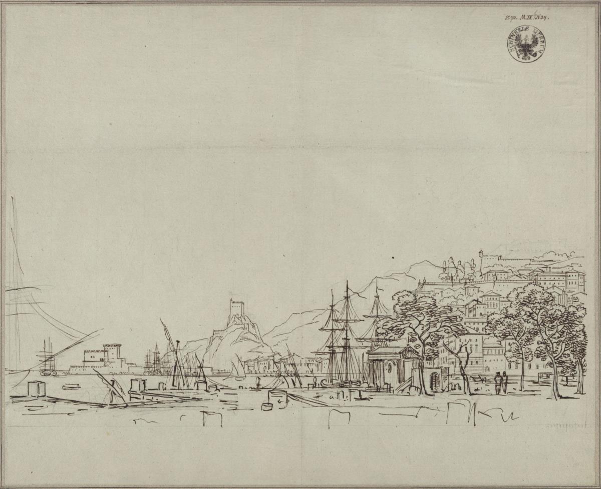 Stadt und Hafen an einer felsigen Meeresküste