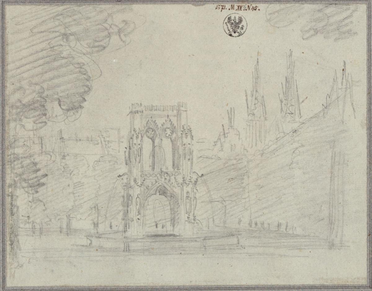 Undine. Oper von E. T. A. Hoffmann. Vorstudie zum Entwurf zur 3. Dekoration. Marktplatz mit Brunnen
