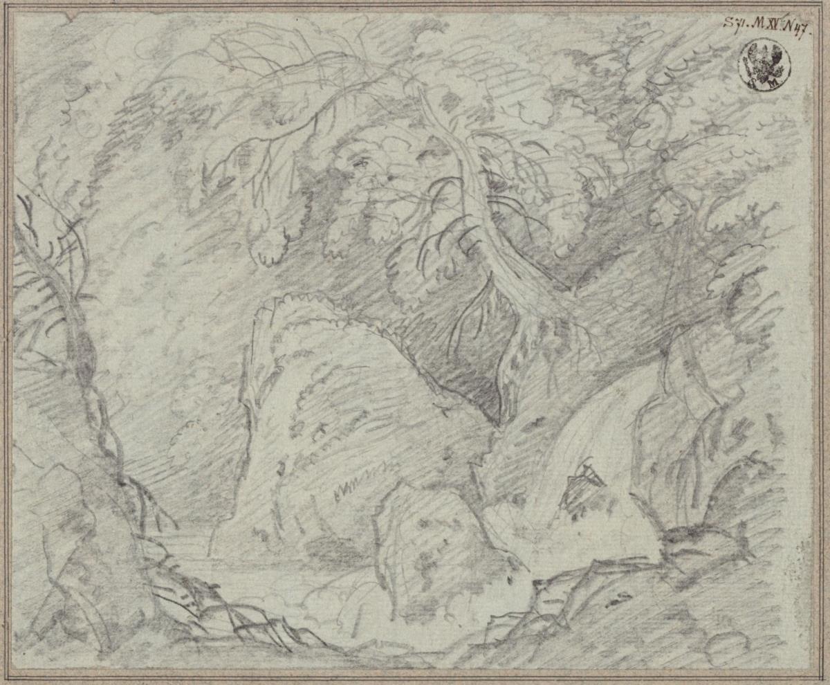 Undine. Oper von E. T. A. Hoffmann. Vorstudie zum Entwurf zur  2. Dekoration. Wald mit Wasserfall