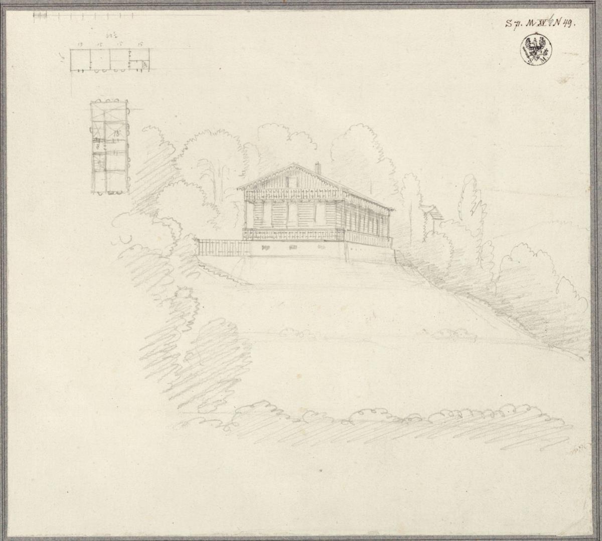Bei Erdmannsdorf (Myslakowice) im Riesengebirge (?). Entwurf zu einem Schweizerhaus auf dem Zoelvelberg