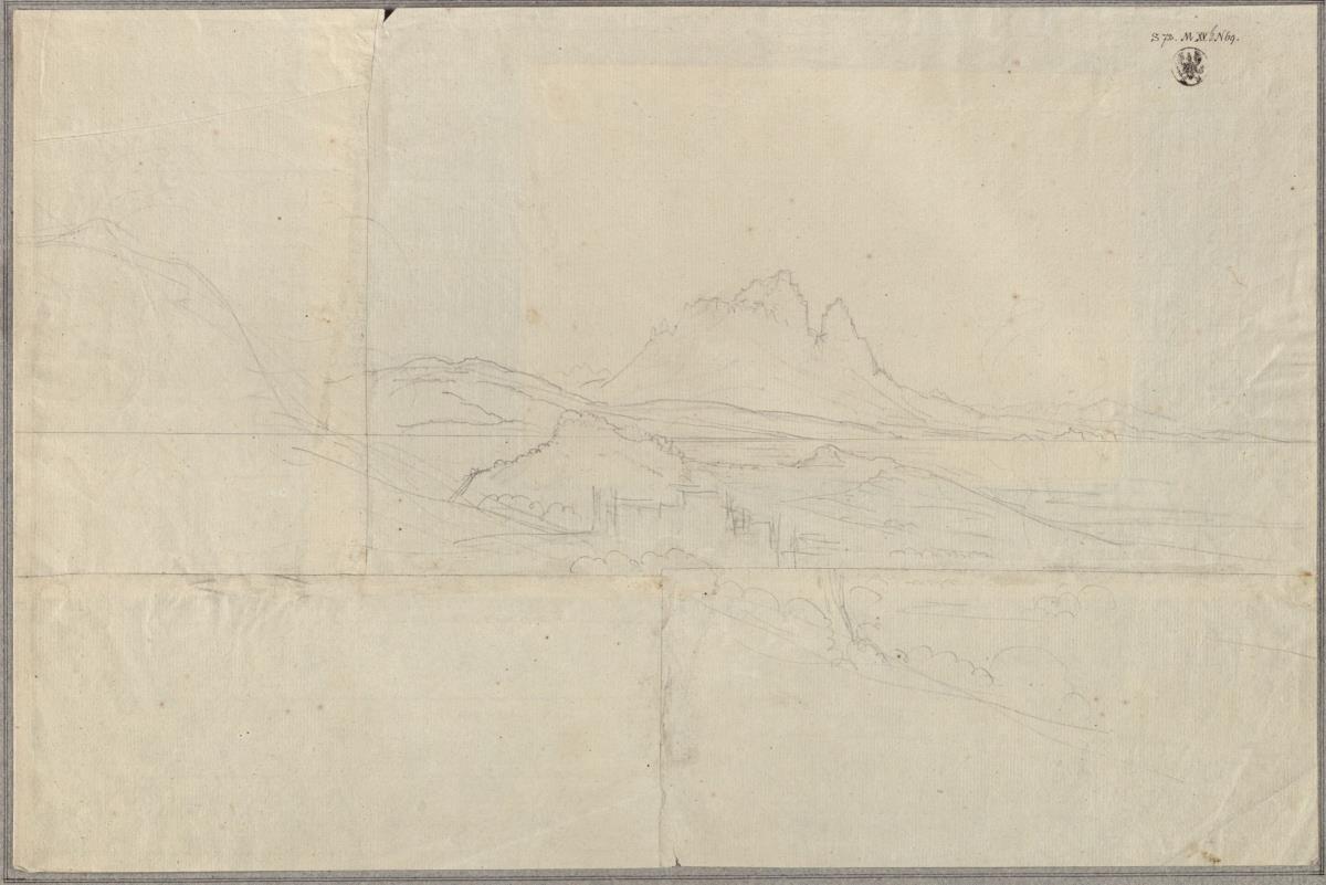 Eine Küstenlandschaft mit Gebirge und einer Burg oder einer Stadt
