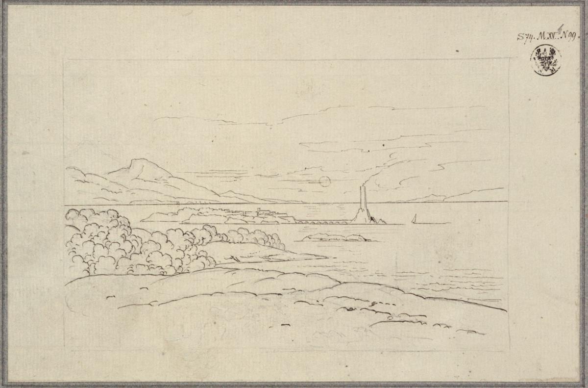 Blick auf das Meer mit einer Insel und einem Leuchtturm