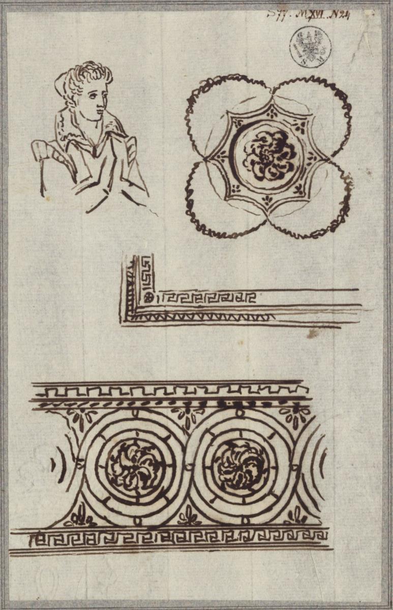 Dekorationen, Fries, Rahmung und Rosette & Brustbildnis einer betenden Frau in historischem Kostüm