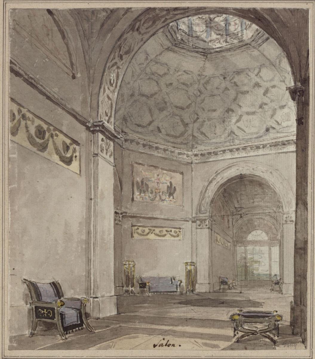 Blick in einen kreuzförmigen überkuppelten Saal in Anlehnung an den Salone der Villa Rotonda von Andrea Palladio