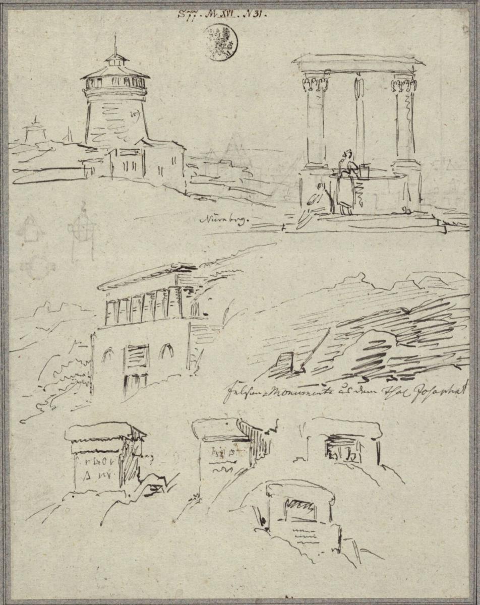 Ansicht des Frauentorturms in Nürnberg &  Frauen an einem Brunnen & Monumente im Tal Josaphat bei Jerusalem