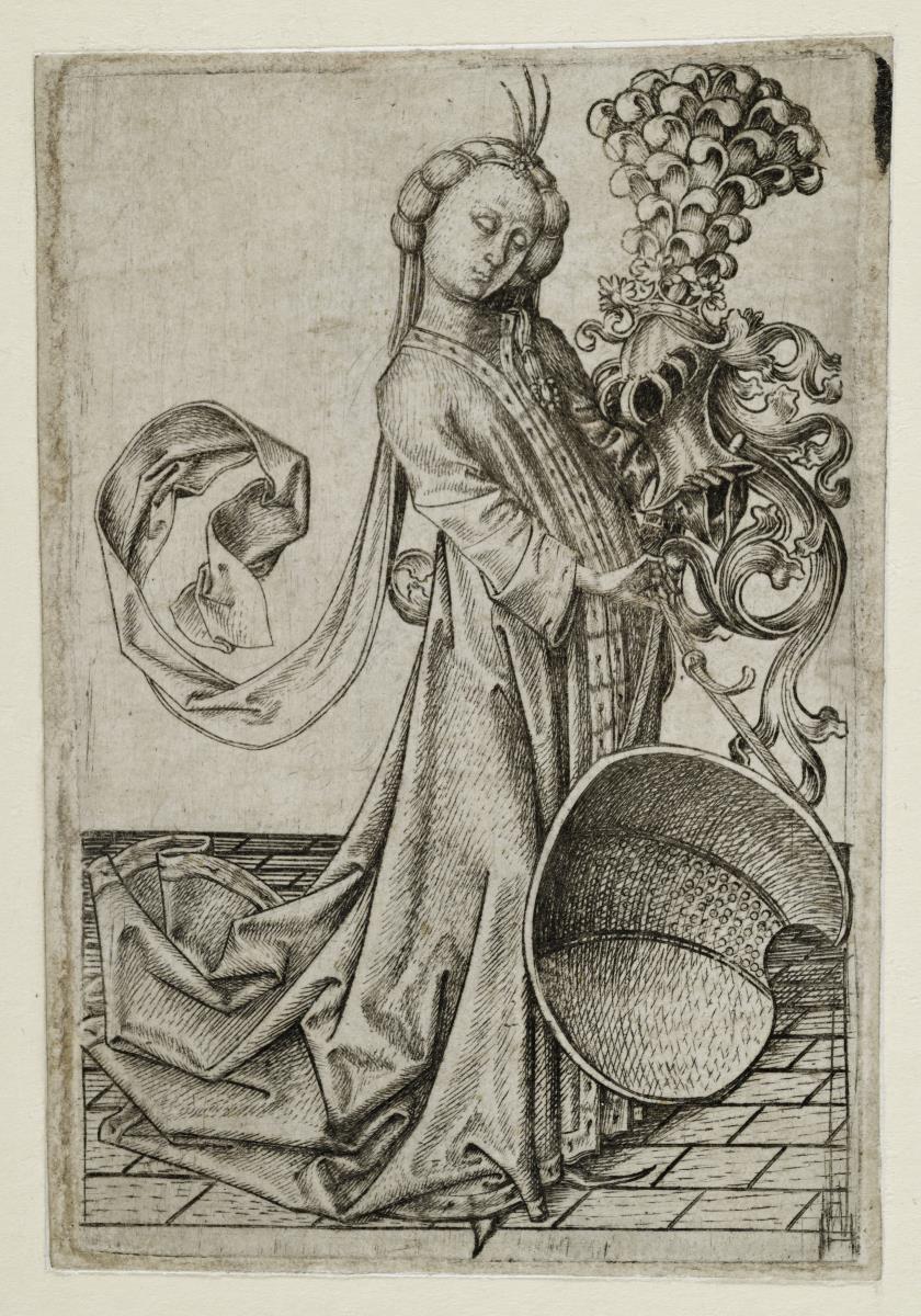 Dame mit Helm und Bindenschild