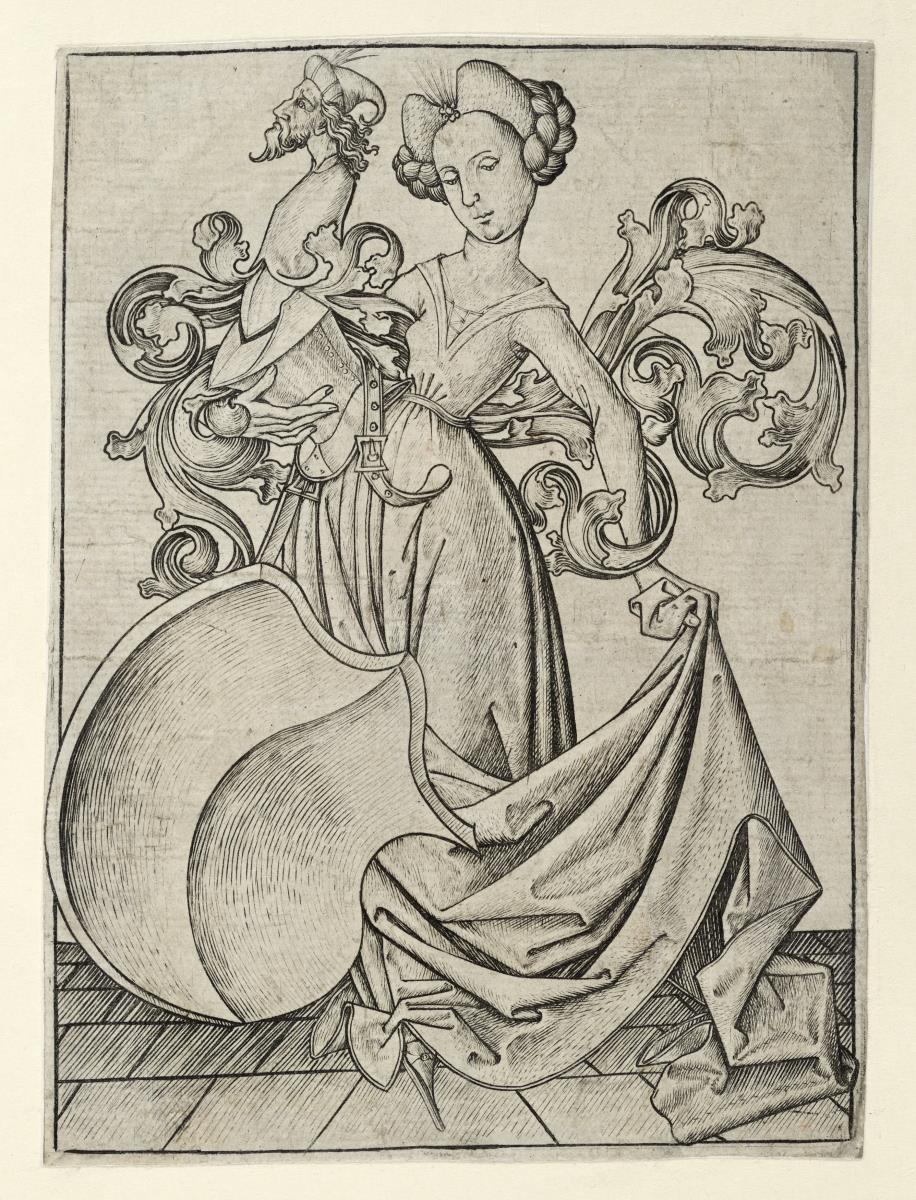 Dame mit Helm und leerem Wappenschild