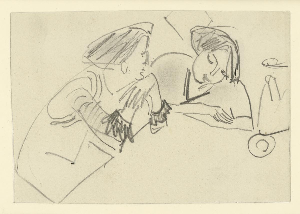 Zwei Frauen an einem Tisch (Erna und Gerda?)