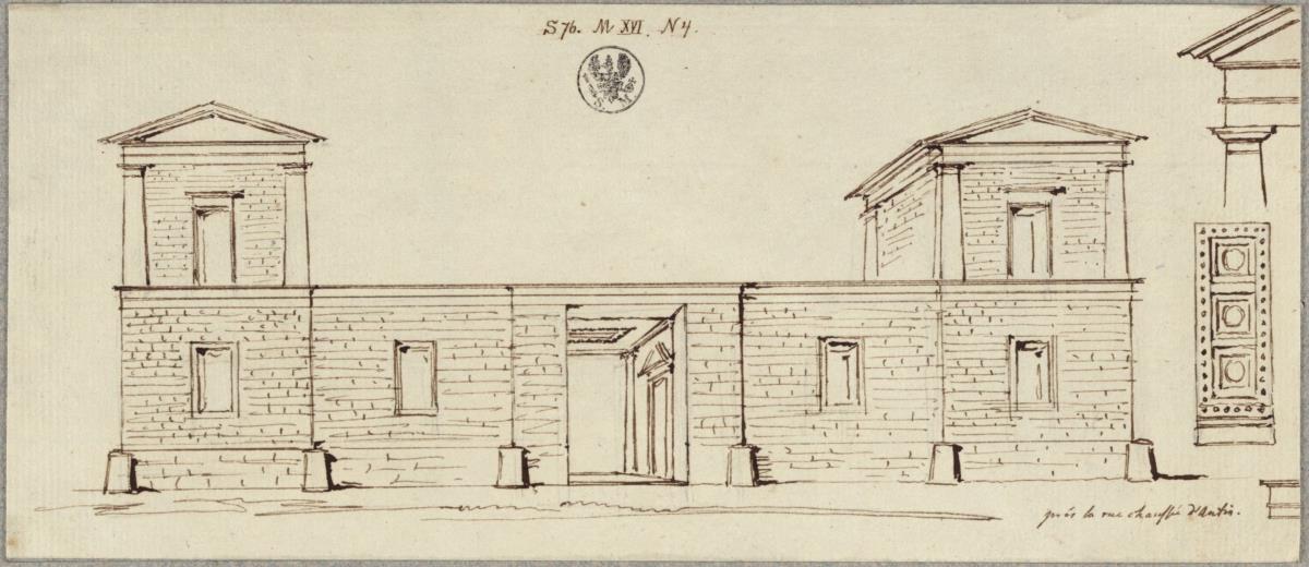 Fassade und Details eines Gebäudes mit einer Durchfahrt an der Chaussée d'Antin in Paris