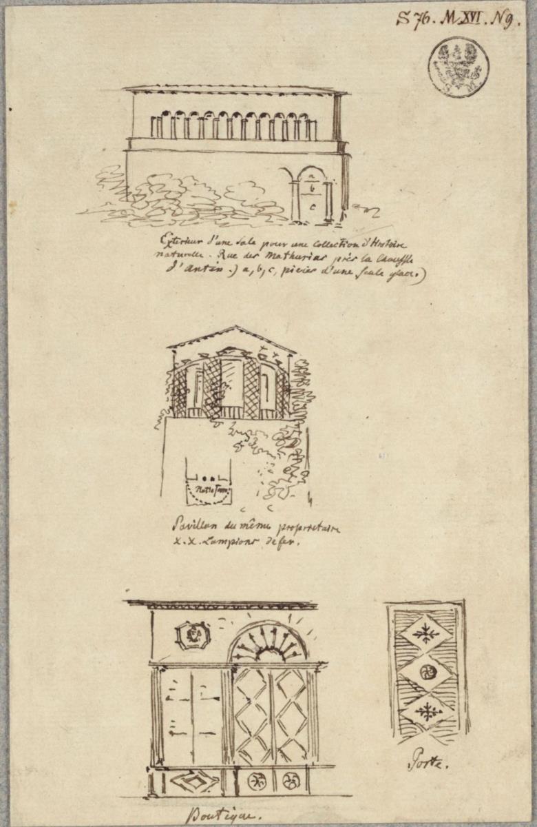 Paris. Studien zu Bauten, u.a. zum Saal für eine Naturaliensammlung in der Rue des Mathurins