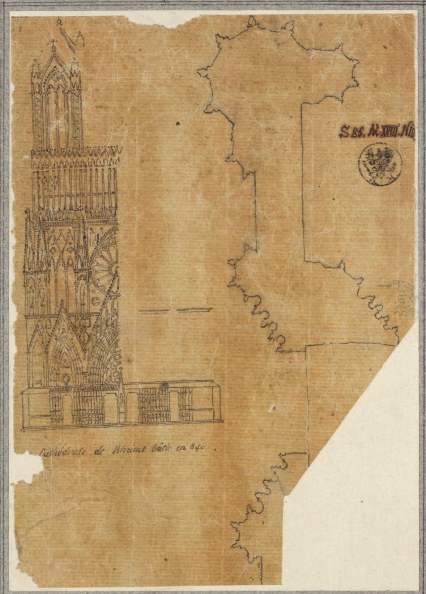 Kathedrale von Reims. Teilaufriss der Westfassade und Grundriss