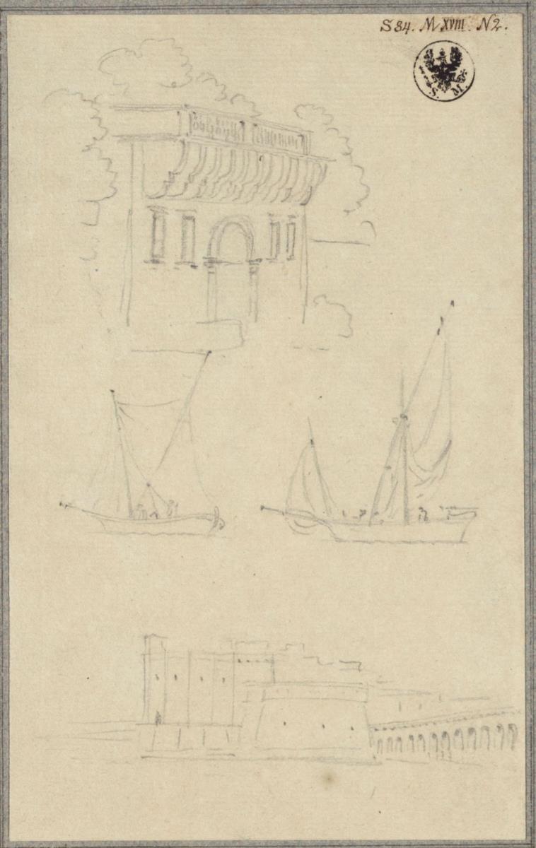 Gebäude mit einem Altan & Zwei Segelboote & Festungsanlage