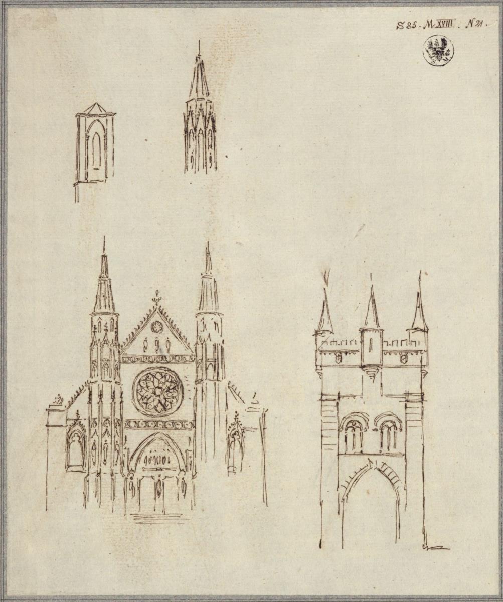 Ansicht einer Kirche, eines Stadttores und zwei Turmspitzen