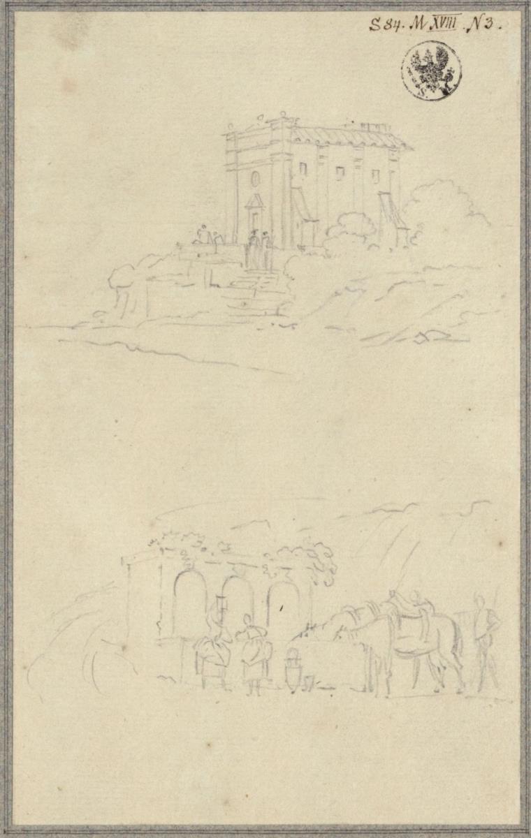 Ansicht einer Kapelle auf einem Hügel &  Ein Brunnen mit Wasserträgerinnen und Maultieren