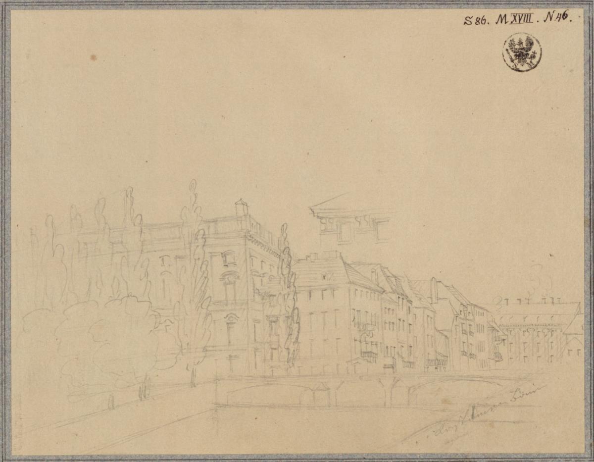 Berlin. Schloss. Ansicht der Nordwestecke mit der Hundebrücke und den Häusern an der Schlossfreiheit & Ecke eines Gebäudes