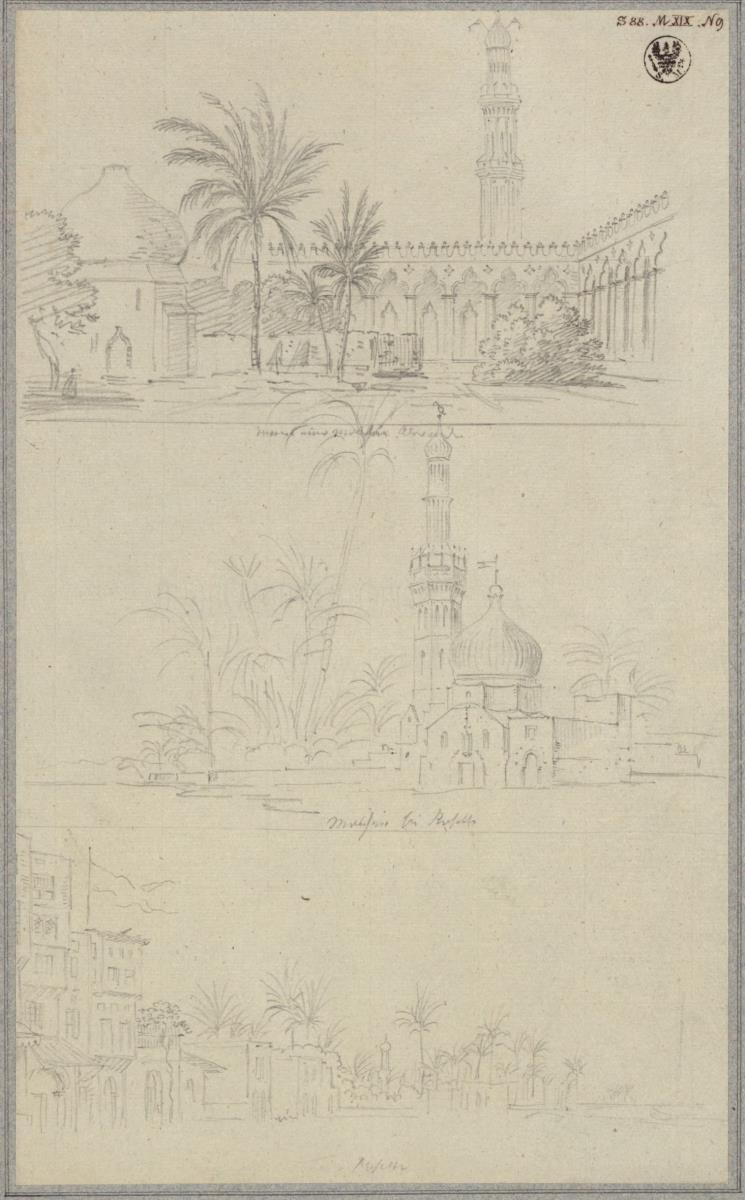 Inneres einer Moschee in Alexandria & Eine Moschee bei Rosette & Ansicht von Rosette (?)