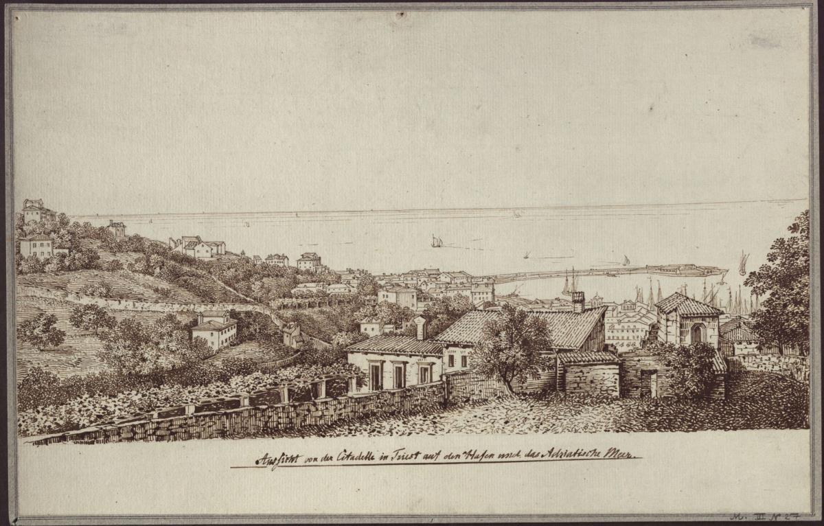 "Aussicht von der Zitadelle von Triest auf den Hafen und das Adriatische Meer"