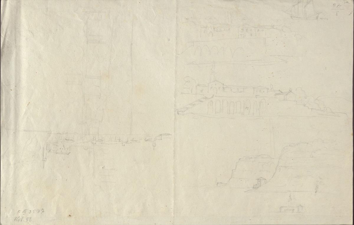 Skizzen zur Küste von Piran in Istrien, zum ehemaligen Kloster Sankt Bernardin bei Piran, zu einem Schiff und Details