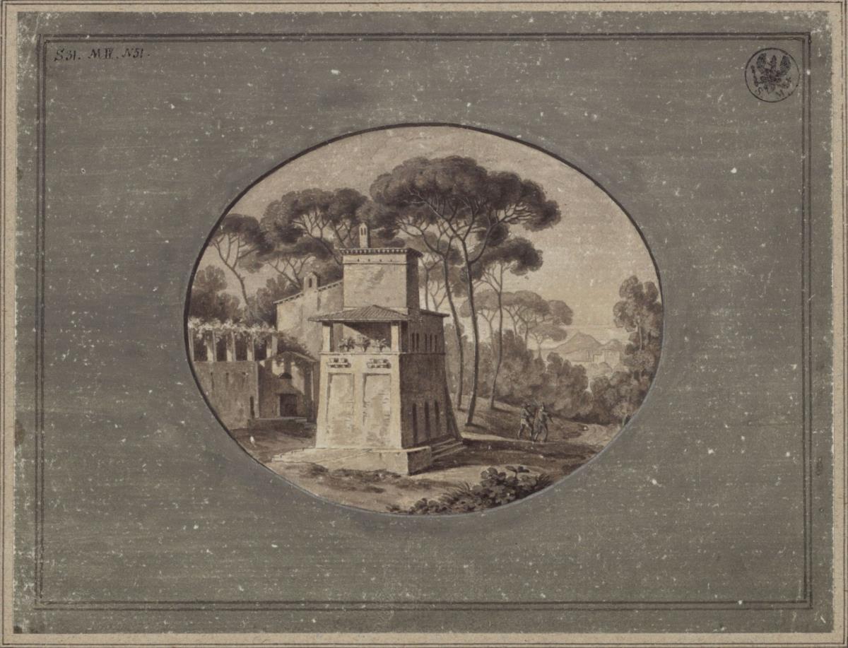 "Meierei im Pinienhain der Villa Borghese bei Rom" / Die Casa Cenci im Park der Villa Borghese in Rom