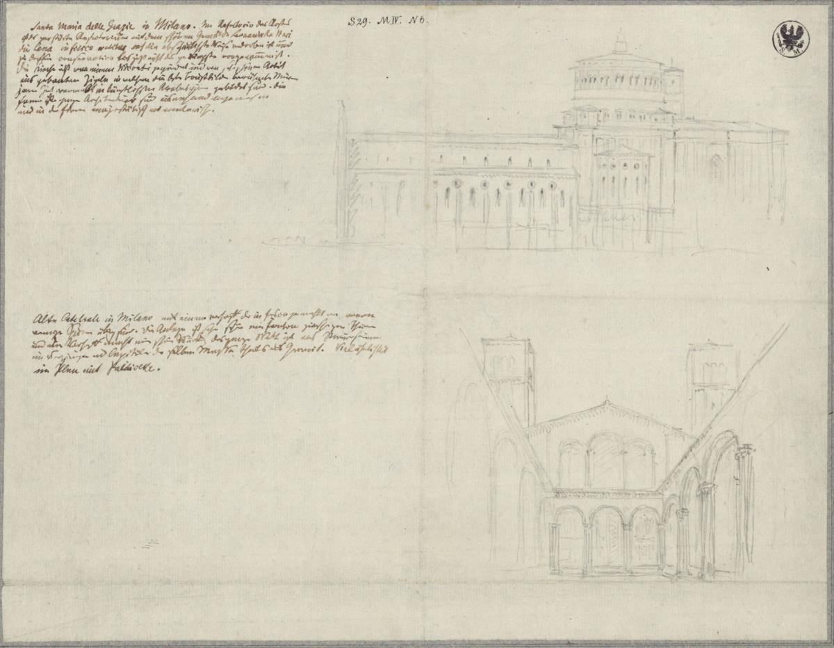 Seitenansicht von Santa Maria delle Grazie in Mailand mit kurzer Beschreibung & Ansicht des Vorhofes von Sant'Ambrogio in Mailand mit kurzer Beschreibung
