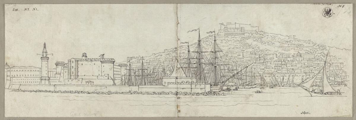 Ansicht von Neapel mit Blick auf den Hafen, das Castel Nuovo, den Leuchtturm und das Castel Sant'Elmo