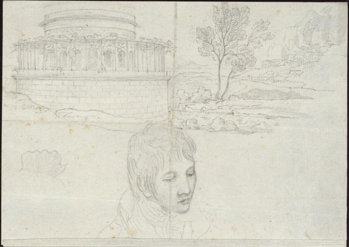 Landschaft mit einem Rundbau & Porträt von Johann Gottfried Steinmeyer