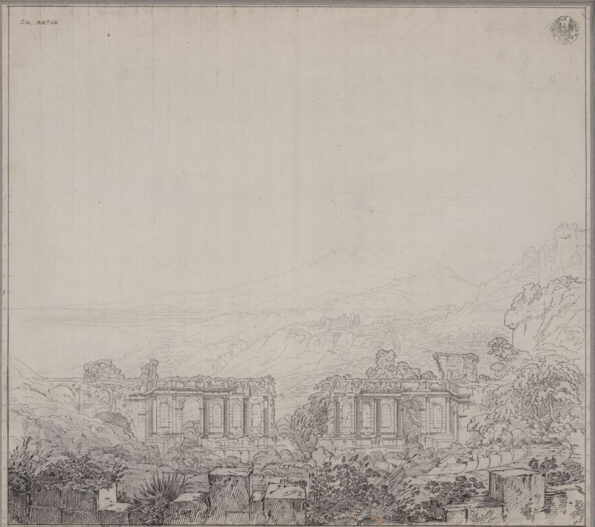 "Der Aetna aus den Ruinen des alten Theaters von Taormina gesehen" / Das antike Theater von Taormina mit dem Ätna im Hintergrund