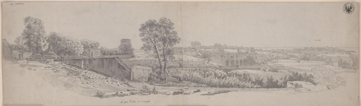 "Ansicht des in Felsen gehauenen Theaters von Syracusa, im Hintergrund die Stadt am Meer" / Die Ruinen des antiken Theaters von Syrakus