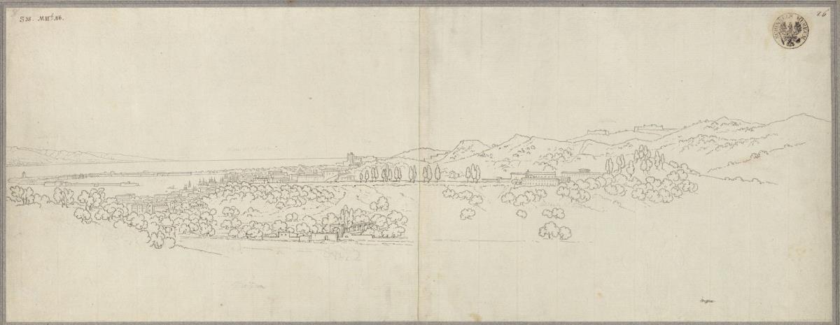 Ansicht von Messina mit dem Hafen, links die Küste von Kalabrien, rechts das Kapuzinerkloster, das Gebirge und zwei Kastelle