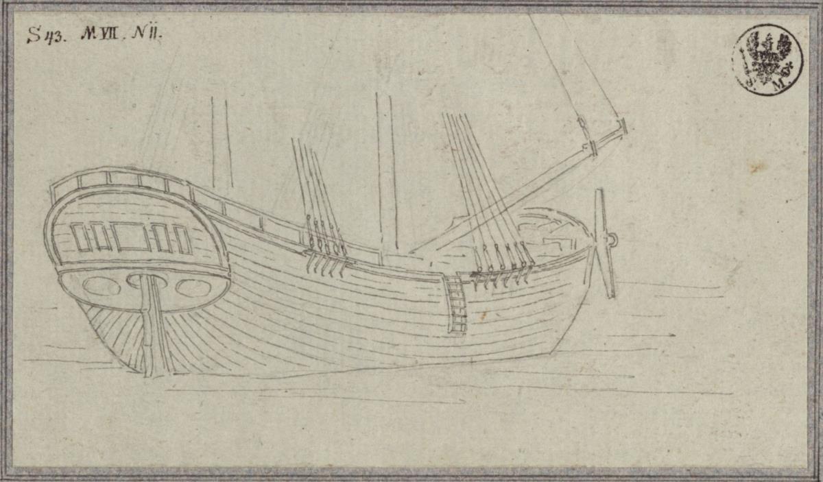 Heckansicht eines zweimastigen Schiffes