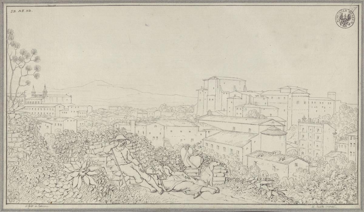 Blick auf Rom mit San Giovanni in Laterano und Santi Quattro Coronati, im Vordergrund ein ruhendes Paar mit einem wachenden Hund