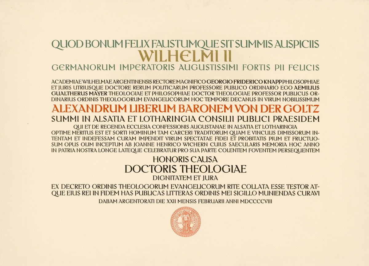 Urkunde der Verleihung der Ehrendoktorwürde der Theologie an Alexander Freiherr von der Goltz am 22.02.1908