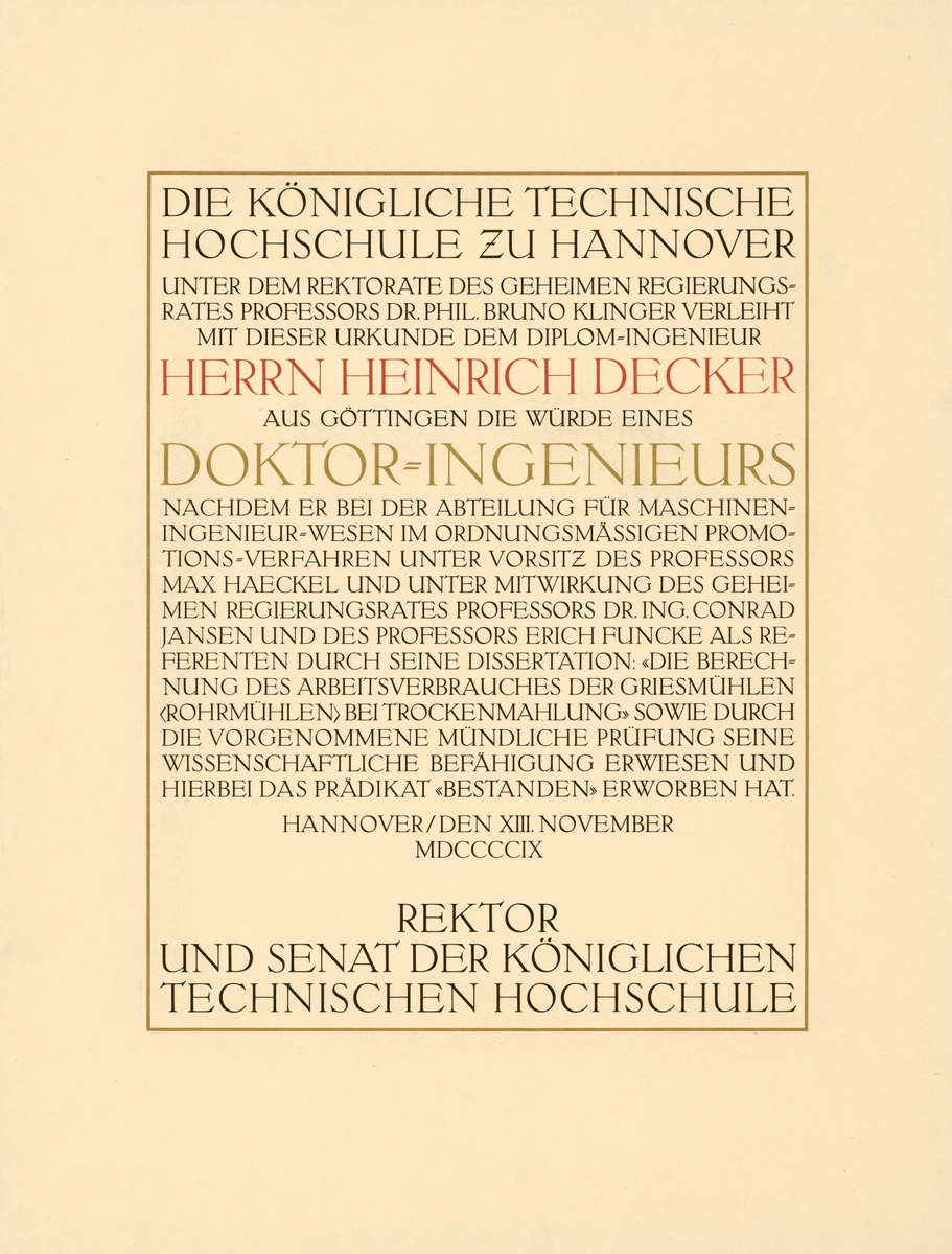 Promotionsurkunde der königlichen technischen Hochschule zu Hannover