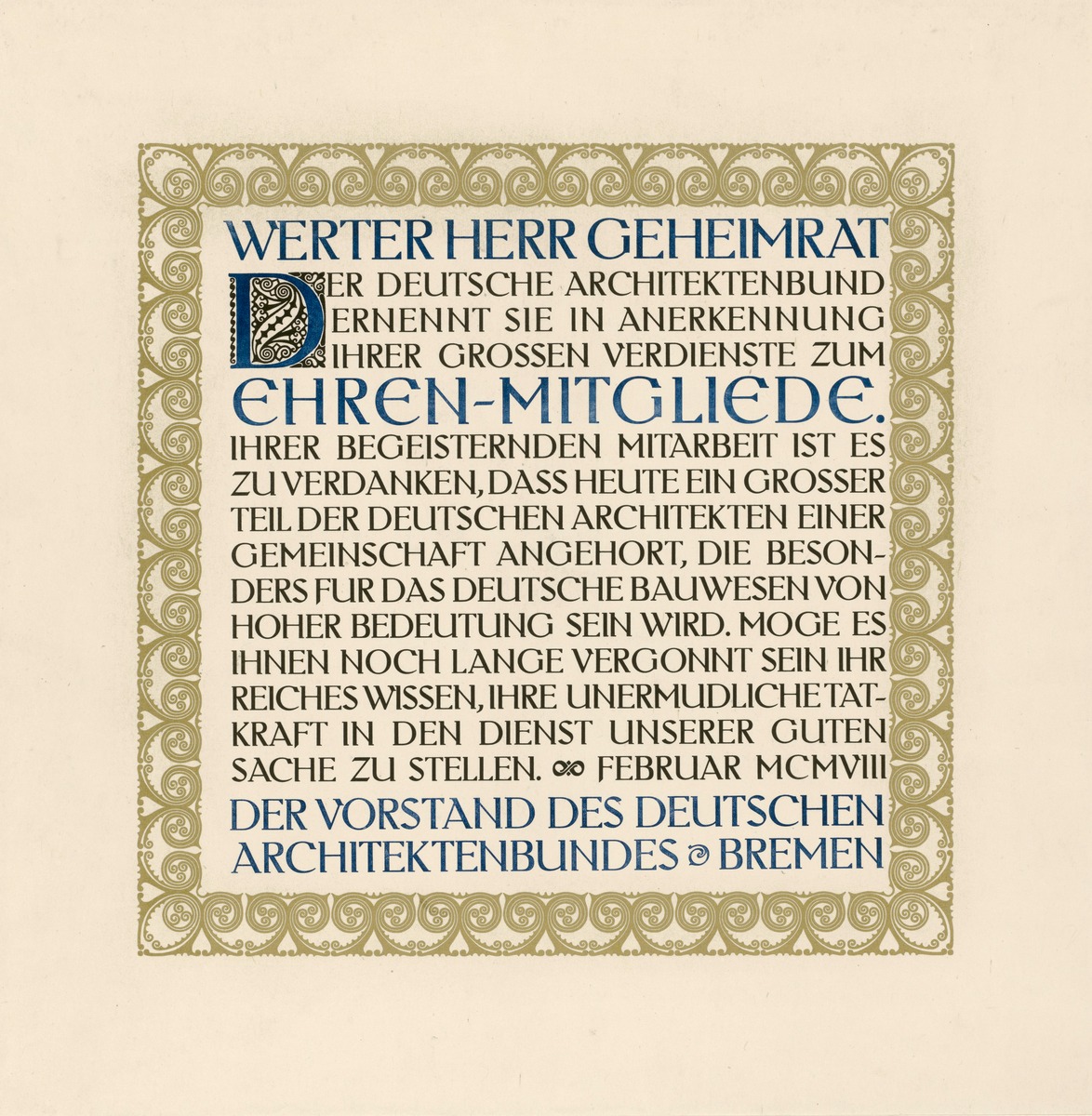 Ernennungsurkunde zum Ehrenmitgliede des deutschen Architektenbundes Bremen gesetzt in der Behrens-Antiqua